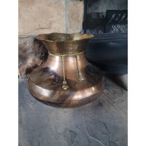 Vintage Copper & Brass Planter Vase Mid Century Hammered Jardiniere Patina